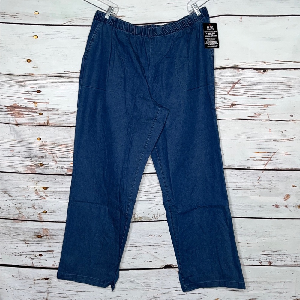 Woman Within NWT Sz 26W Tall Blue Denim Fineline Stretch Pull On Wide Leg Jeans